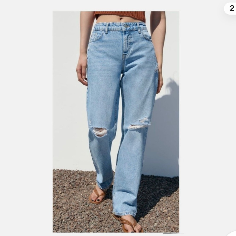ZARA WIDE LEG FULL LENGTH RIPPED JEANS - Picture 2 of 5